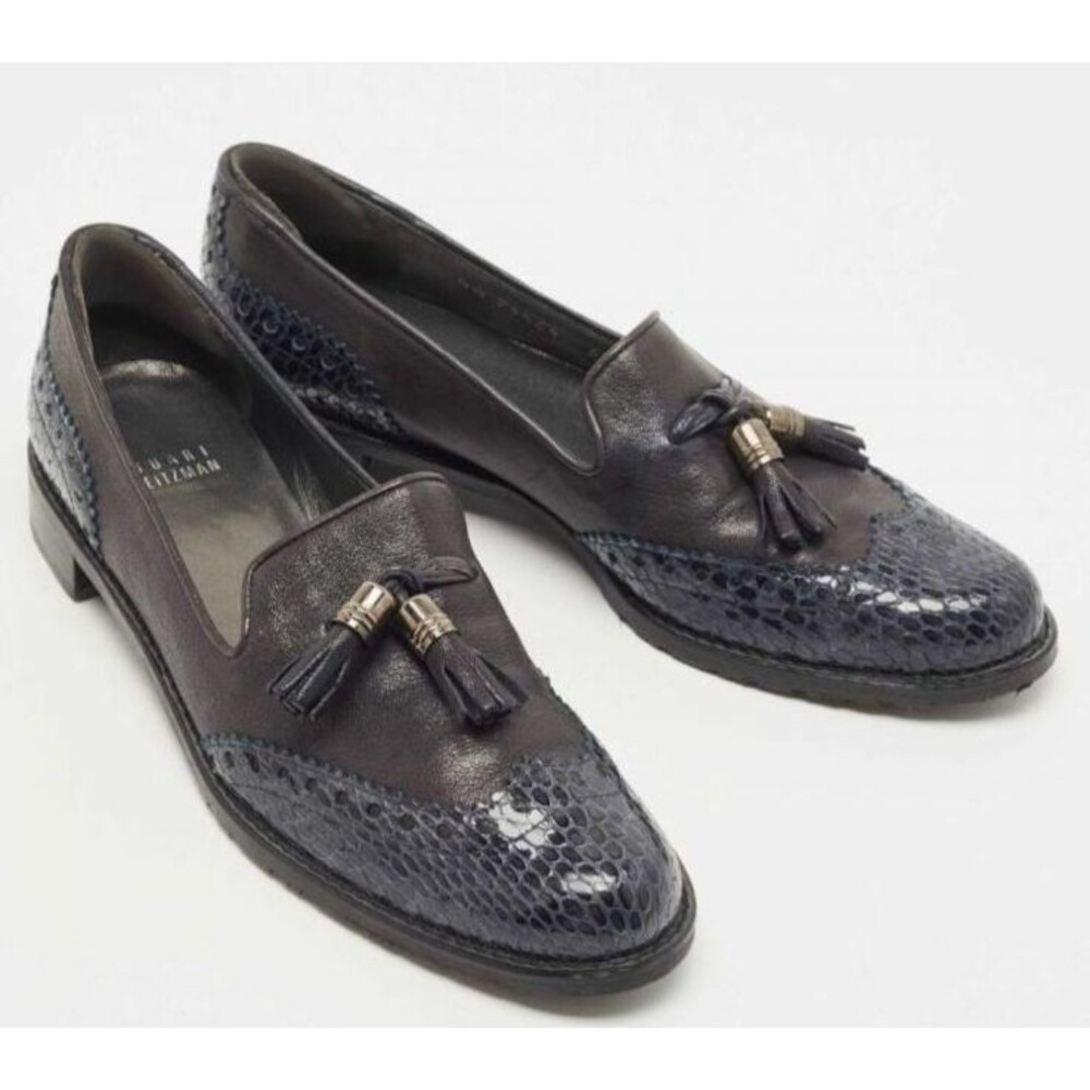 Stuart Weitzman Gray/Black Wingtip Tassel Loafer Python Embossed & Leather 9.5
